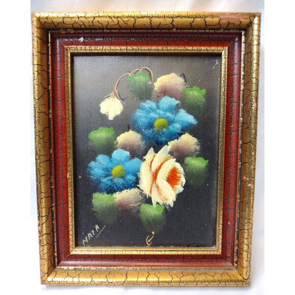 Vintage Small Moody Floral Oil Painting Spain Gold Frame Still Life 8"x6" - Picture 1 of 6